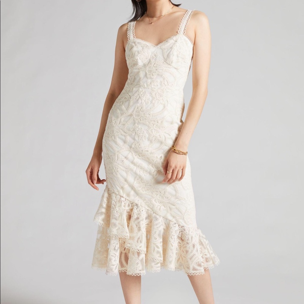 NWT Anthropologie Monique Lhuillier Flounced Lace Midi Dress 12
